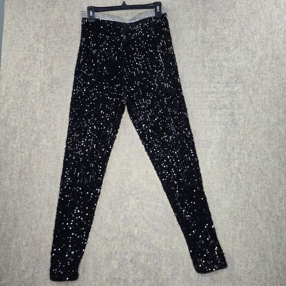 Forever 21 L/G Black Sequin Leggings With Rhinestone Waistband - Picture 2 of 6